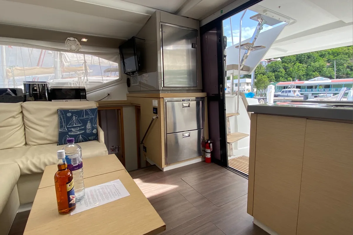 Salon of Happy Ours, a Fountaine Pajot Lucia 40 catamaran at Road Town, British Virgin Islands