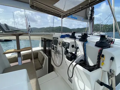 Cockpit of Happy Ours, a Fountaine Pajot Lucia 40 catamaran at Road Town, British Virgin Islands