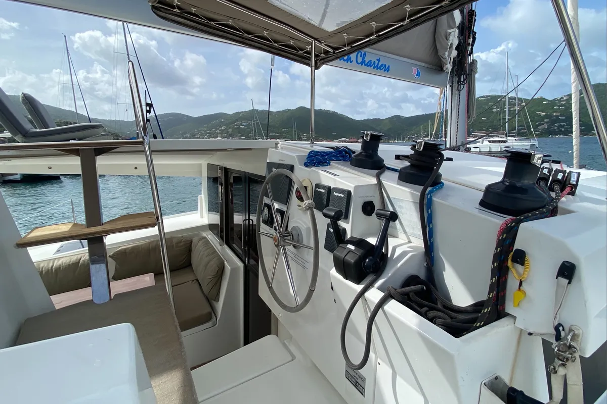 Cockpit of Happy Ours, a Fountaine Pajot Lucia 40 catamaran at Road Town, British Virgin Islands