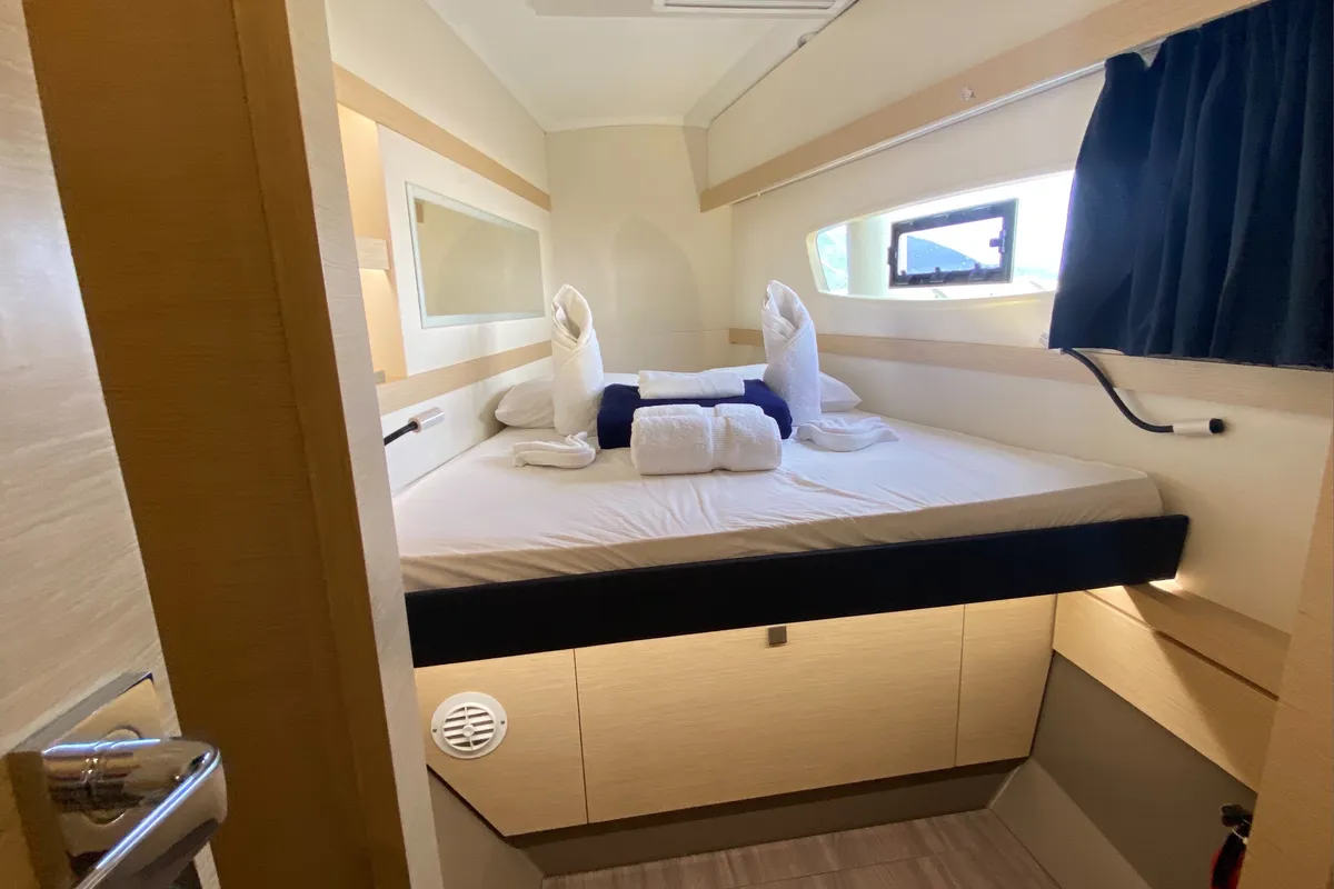 Cabin on Happy Ours, a Fountaine Pajot Lucia 40 catamaran at Road Town, British Virgin Islands