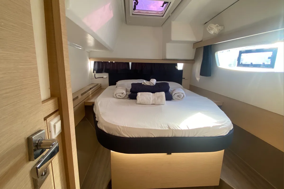 Cabin on Happy Ours, a Fountaine Pajot Lucia 40 catamaran at Road Town, British Virgin Islands