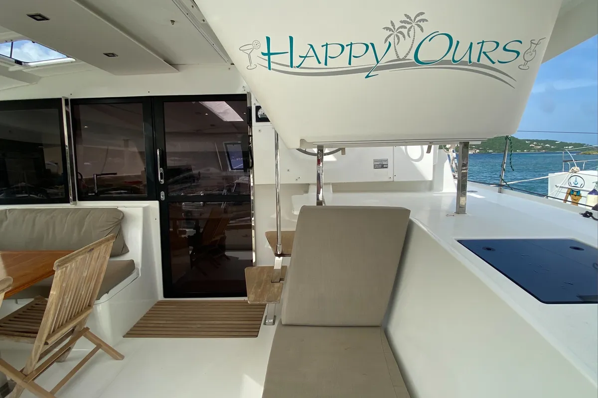 Deck of Happy Ours, a Fountaine Pajot Lucia 40 catamaran at Road Town, British Virgin Islands