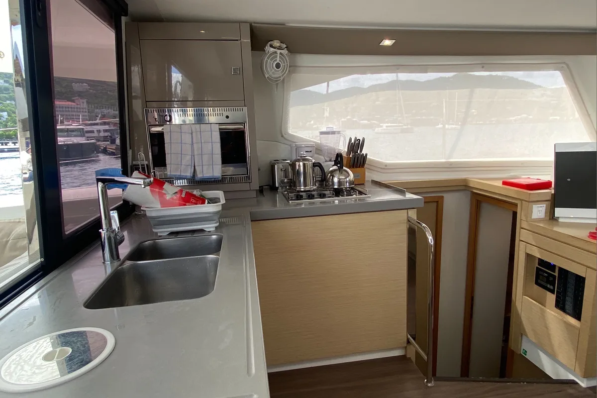 Galley of Happy Ours, a Fountaine Pajot Lucia 40 catamaran at Road Town, British Virgin Islands