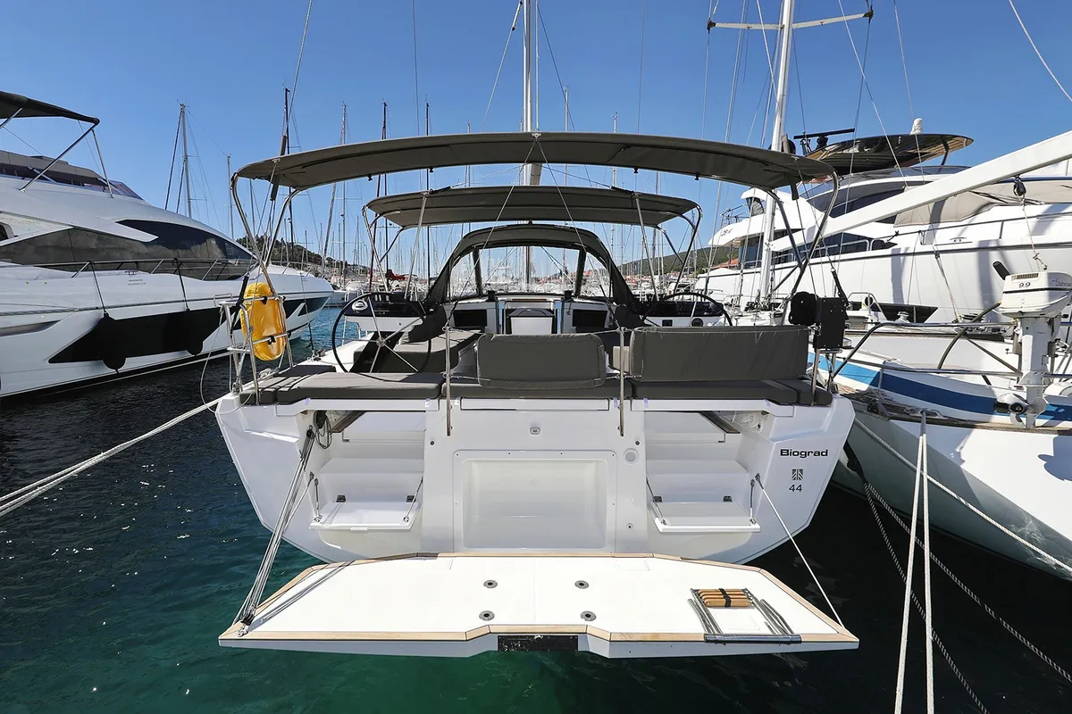Exterior view of Full Moon, a Dufour 44 sailboat at Grad Biograd na Moru, Croatia