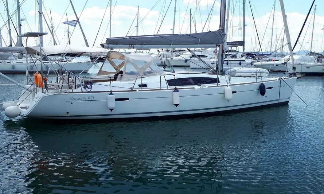 Exterior view of Tosca, a Beneteau Oceanis 40 sailboat at Municipal Unit of Elefsina, Greece