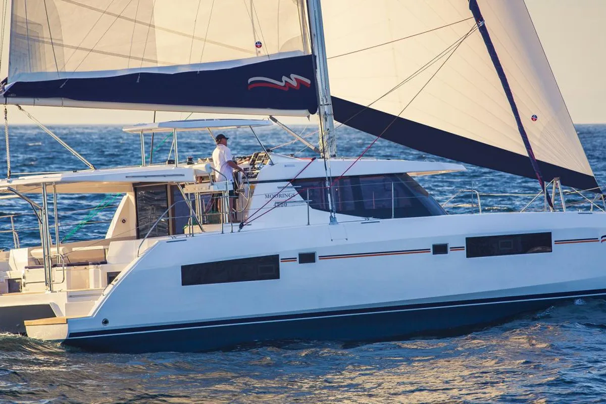 Exterior view of Moorings 4500L Club, a Leopard 45 catamaran at Cannigione, Italy