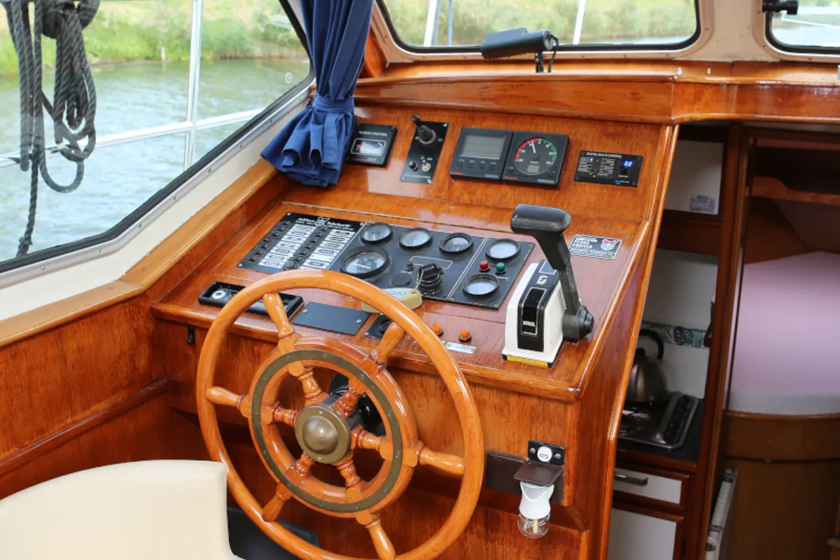 Cockpit of Callisto, a Pedro Solano 33 motorboat at Heukelum, Netherlands