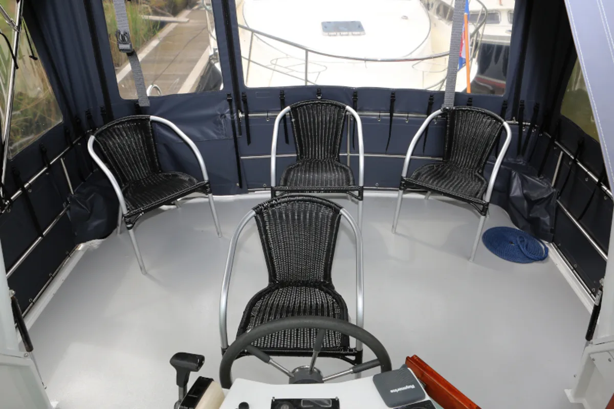 Cockpit of Callisto, a Pedro Solano 33 motorboat at Heukelum, Netherlands