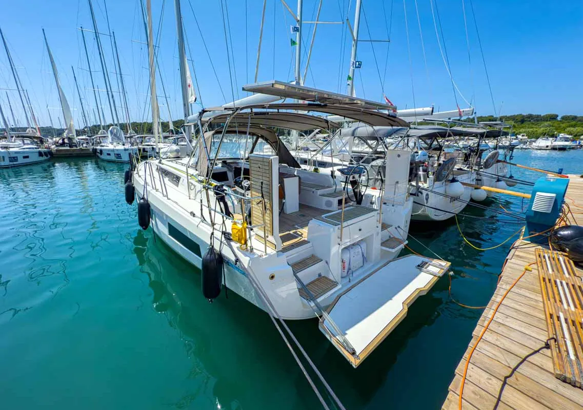 Exterior view of Alkor, a Dufour 44 sailboat at Grad Pula, Croatia
