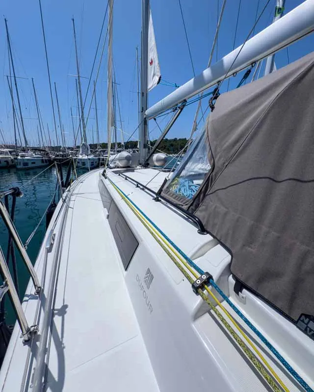 Deck of Alkor, a Dufour 44 sailboat at Grad Pula, Croatia