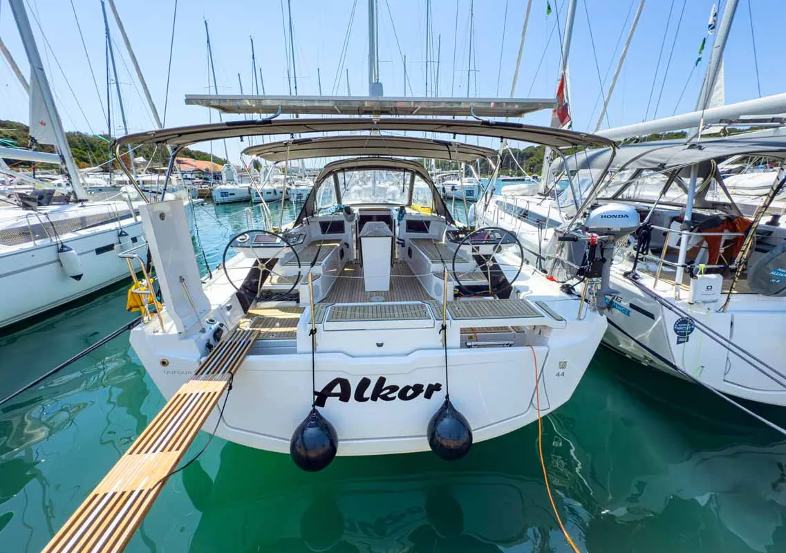 Exterior view of Alkor, a Dufour 44 sailboat at Grad Pula, Croatia