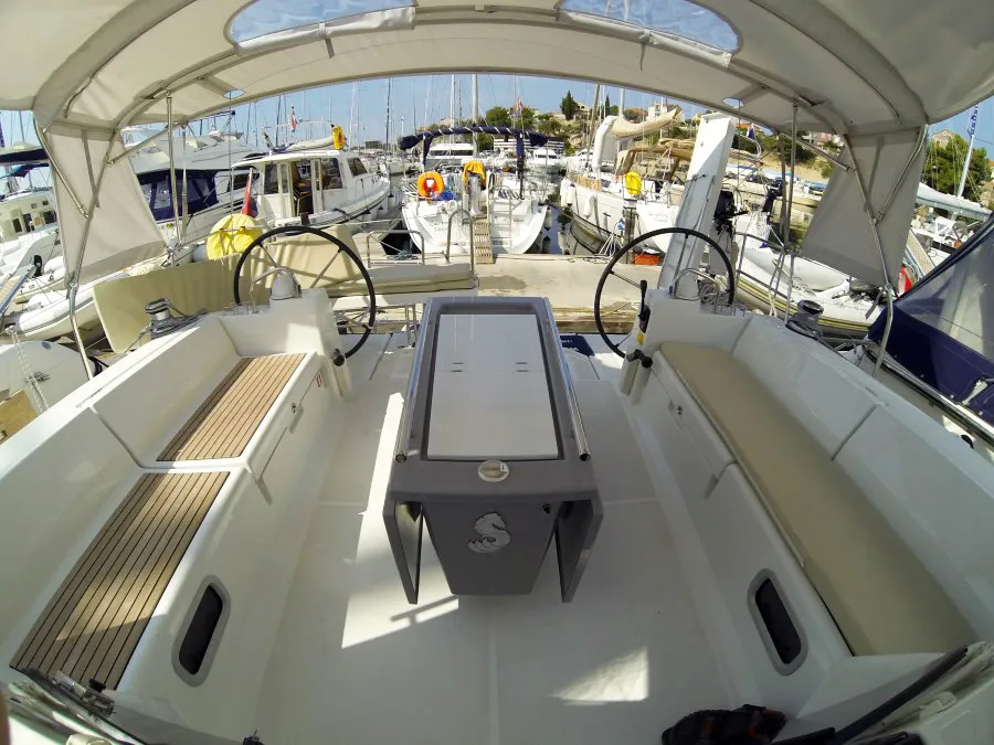 Cockpit of Neška II, a Beneteau Oceanis 45 sailboat at Grad Šibenik, Croatia