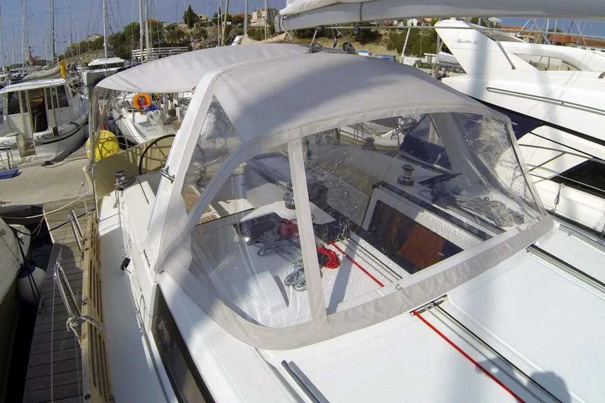 Cockpit of Neška II, a Beneteau Oceanis 45 sailboat at Grad Šibenik, Croatia