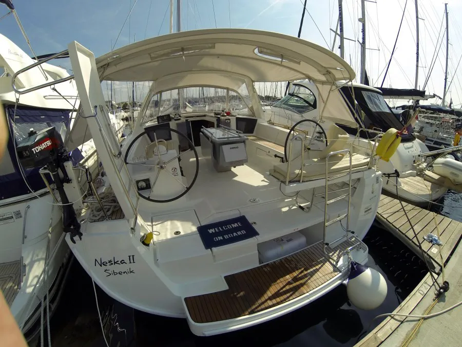 Deck of Neška II, a Beneteau Oceanis 45 sailboat at Grad Šibenik, Croatia