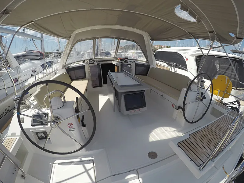 Cockpit of Neška II, a Beneteau Oceanis 45 sailboat at Grad Šibenik, Croatia