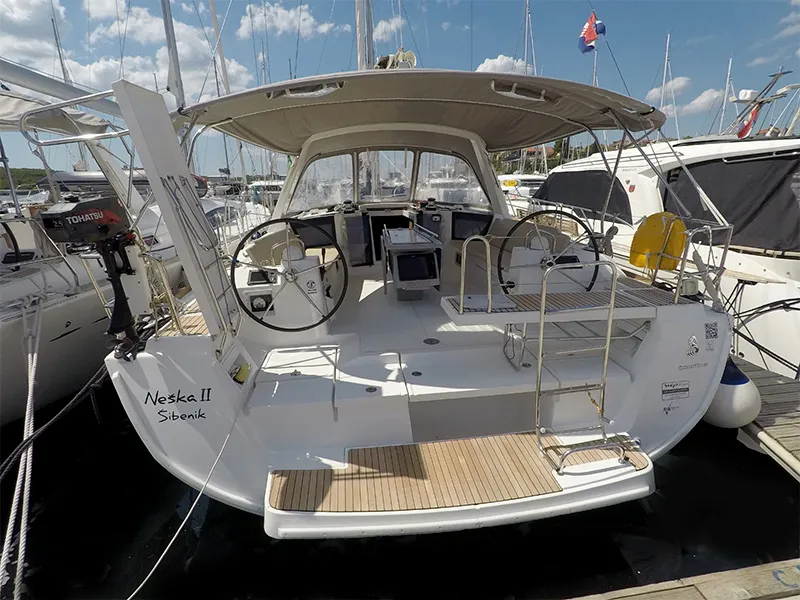 Exterior view of Neška II, a Beneteau Oceanis 45 sailboat at Grad Šibenik, Croatia