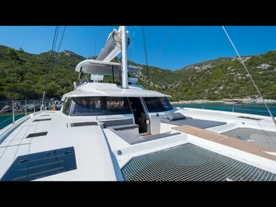 Deck of Mus 3, a Fountaine Pajot Alegria 67 catamaran at Bodrum, Turkey