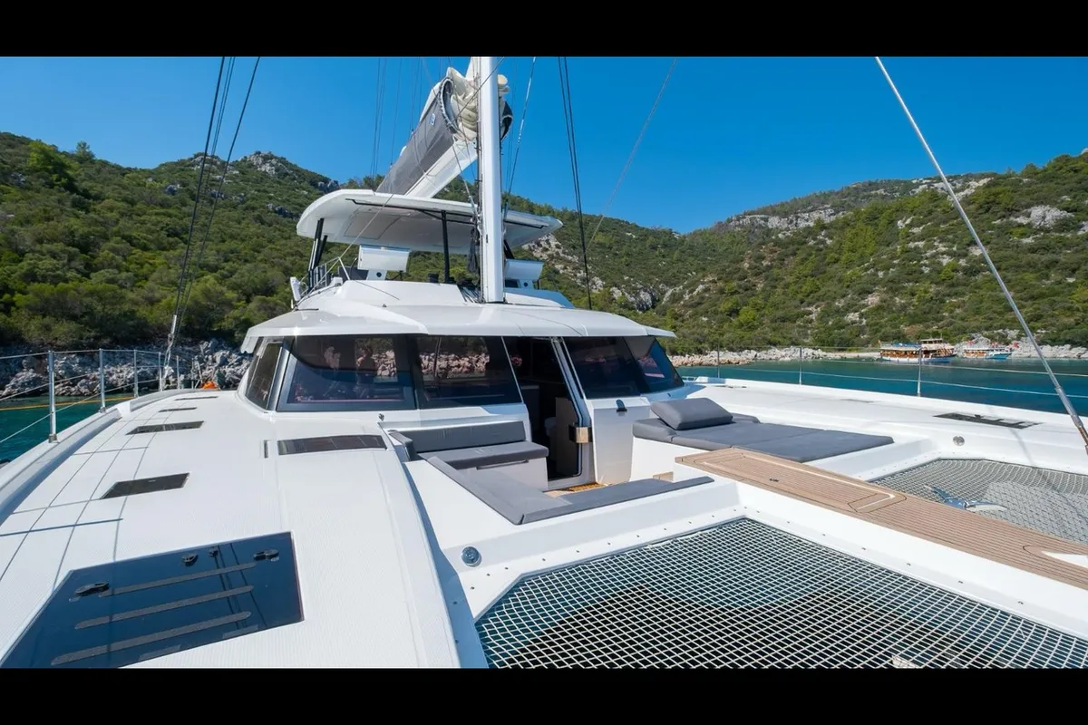 Deck of Mus 3, a Fountaine Pajot Alegria 67 catamaran at Bodrum, Turkey