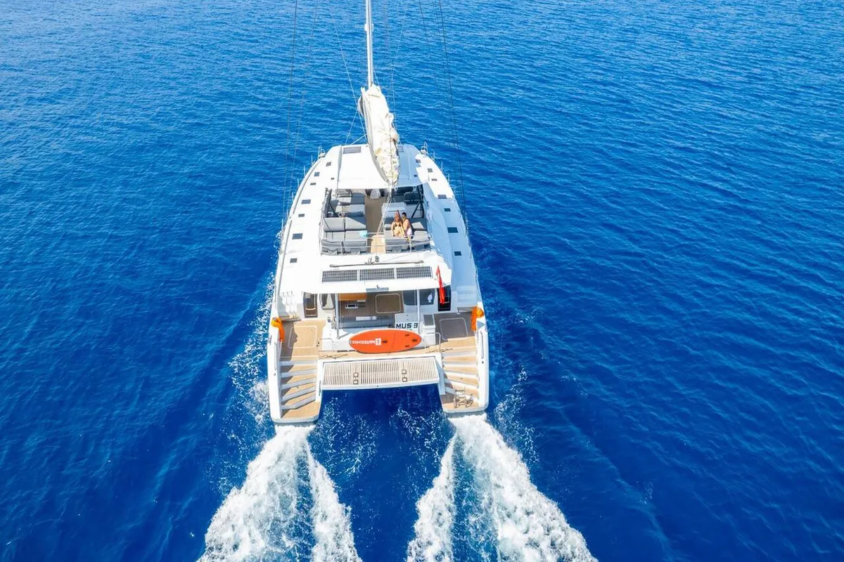 Exterior view of Mus 3, a Fountaine Pajot Alegria 67 catamaran at Bodrum, Turkey