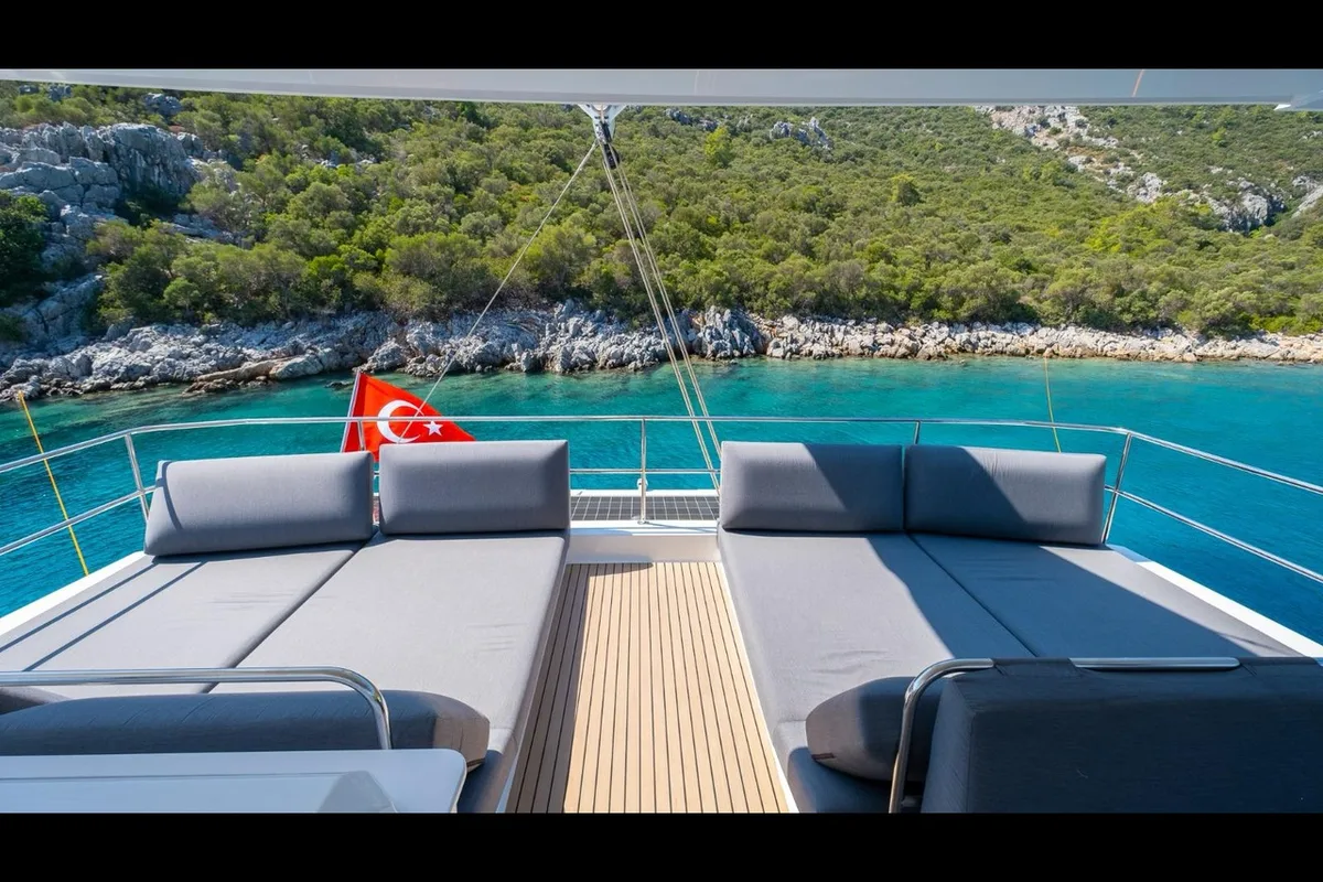 Deck of Mus 3, a Fountaine Pajot Alegria 67 catamaran at Bodrum, Turkey