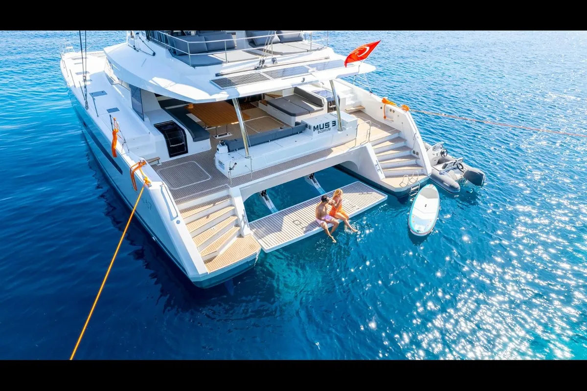 Exterior view of Mus 3, a Fountaine Pajot Alegria 67 catamaran at Bodrum, Turkey