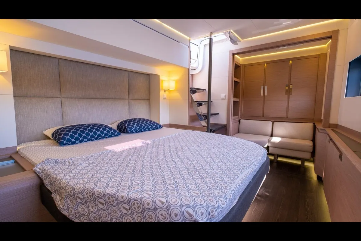 Cabin on Mus 3, a Fountaine Pajot Alegria 67 catamaran at Bodrum, Turkey
