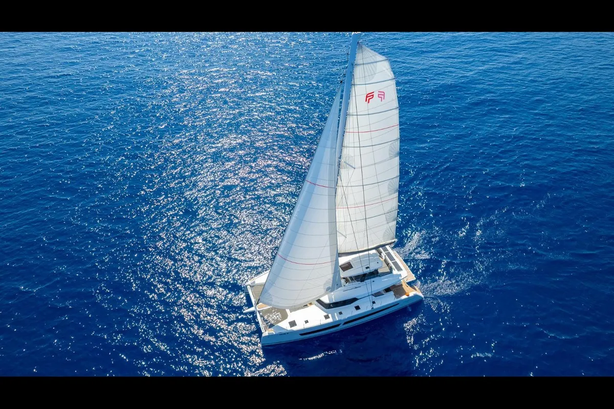 Exterior view of Mus 3, a Fountaine Pajot Alegria 67 catamaran at Bodrum, Turkey