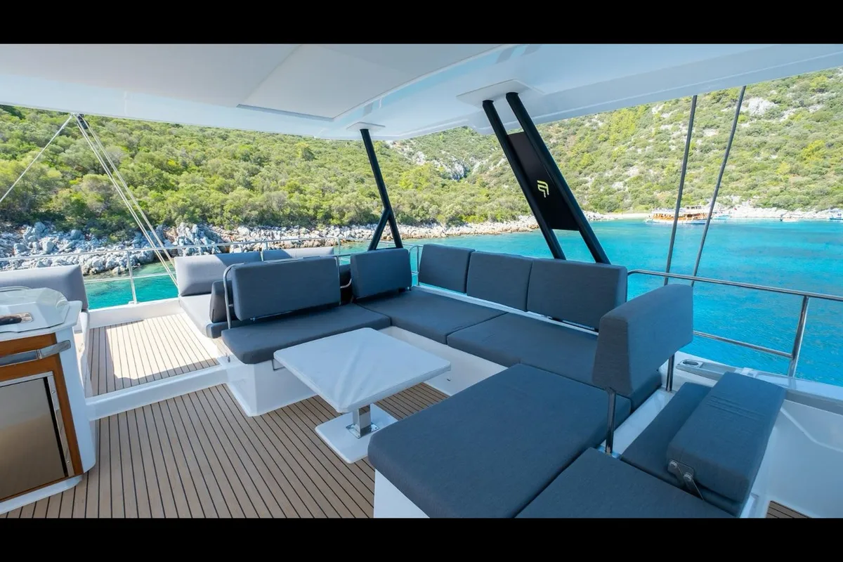 Deck of Mus 3, a Fountaine Pajot Alegria 67 catamaran at Bodrum, Turkey