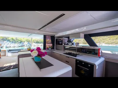 Galley of Mus 3, a Fountaine Pajot Alegria 67 catamaran at Bodrum, Turkey
