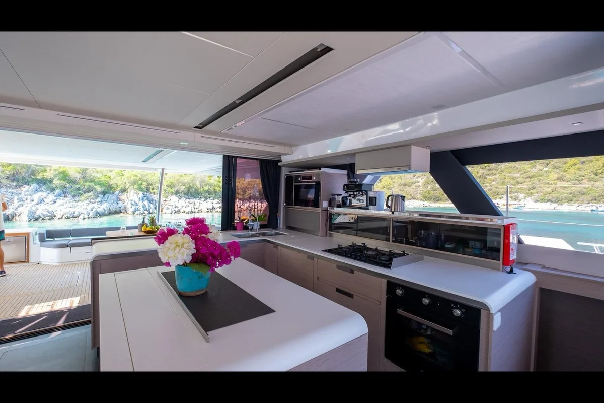 Galley of Mus 3, a Fountaine Pajot Alegria 67 catamaran at Bodrum, Turkey