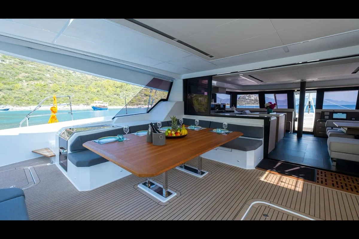 Deck of Mus 3, a Fountaine Pajot Alegria 67 catamaran at Bodrum, Turkey