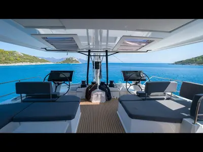 Cockpit of Mus 3, a Fountaine Pajot Alegria 67 catamaran at Bodrum, Turkey