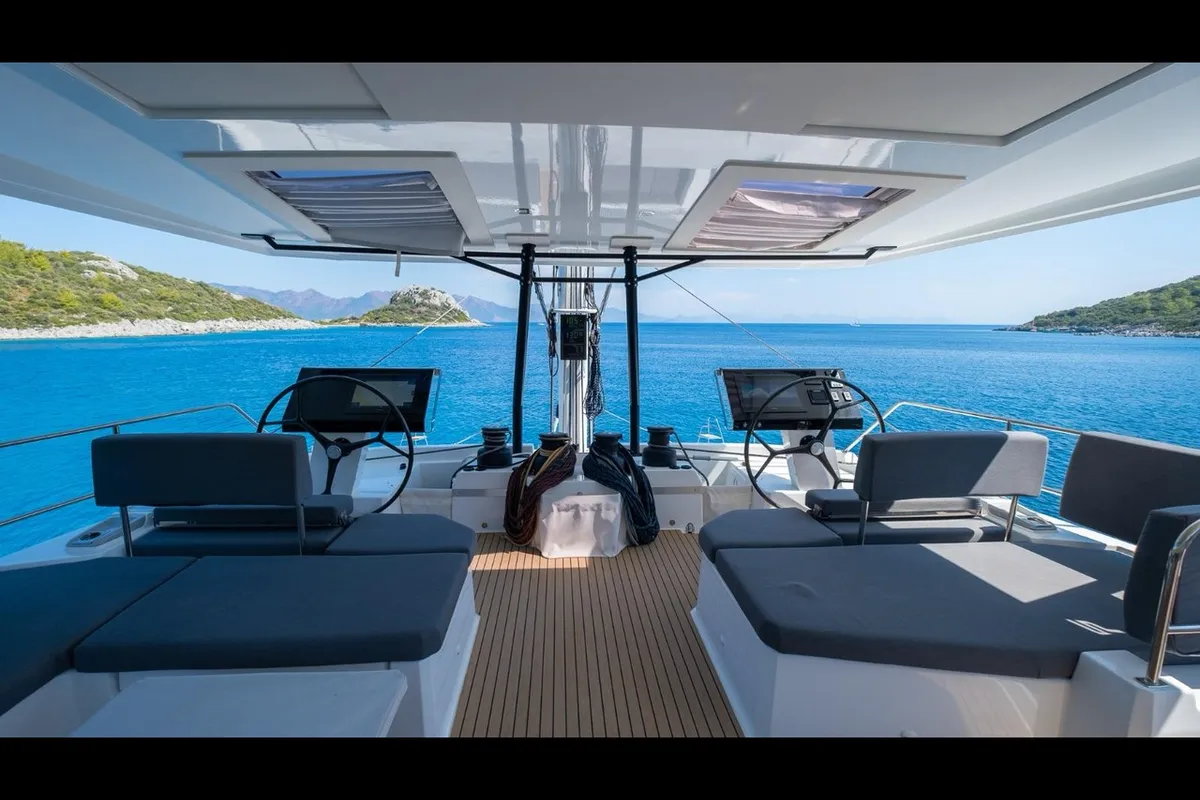 Cockpit of Mus 3, a Fountaine Pajot Alegria 67 catamaran at Bodrum, Turkey