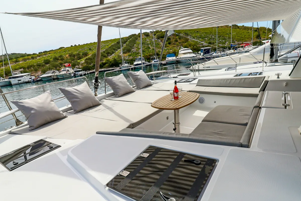Deck of Cyprinus, a Bali 4.6 catamaran at Primošten, Croatia
