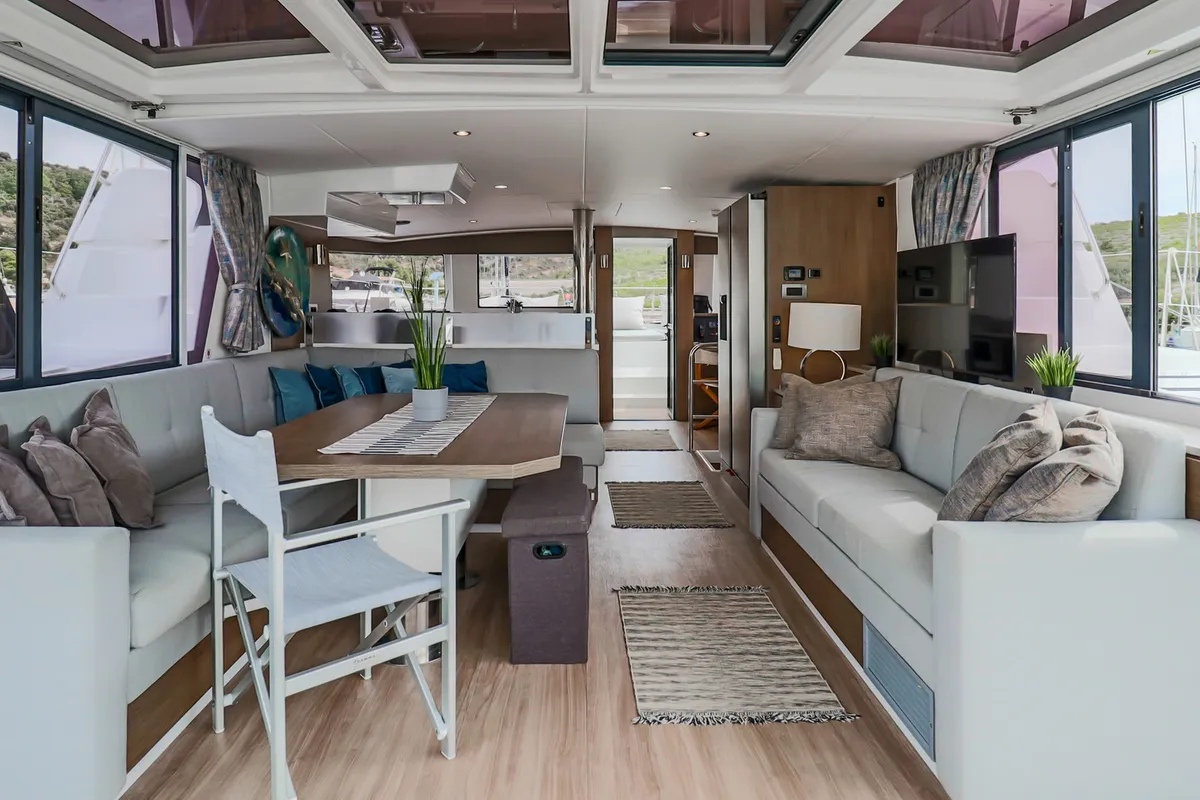 Salon of Cyprinus, a Bali 4.6 catamaran at Primošten, Croatia
