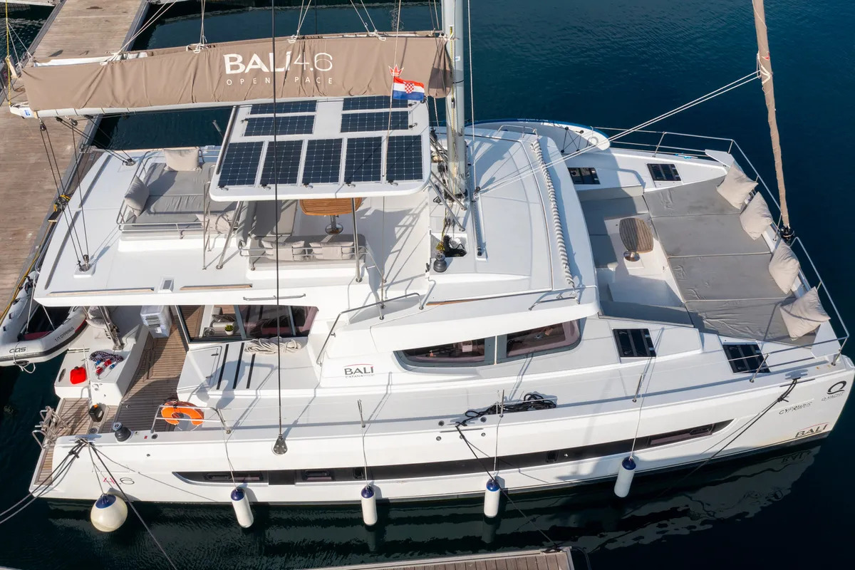 Exterior view of Cyprinus, a Bali 4.6 catamaran at Primošten, Croatia