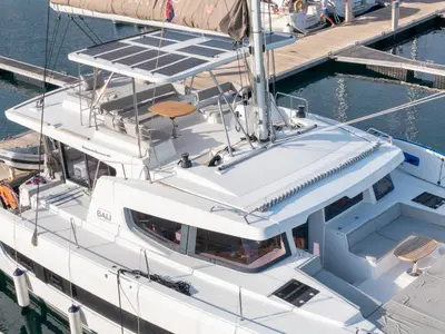 Deck of Cyprinus, a Bali 4.6 catamaran at Primošten, Croatia