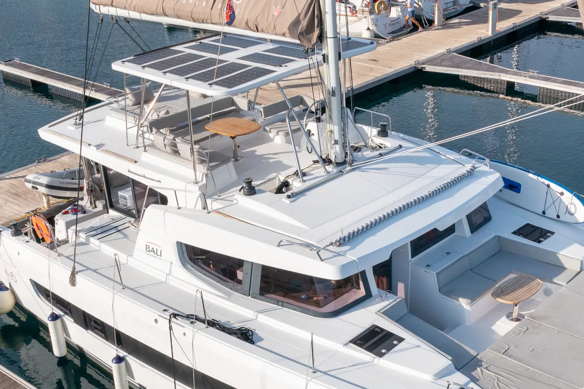 Deck of Cyprinus, a Bali 4.6 catamaran at Primošten, Croatia