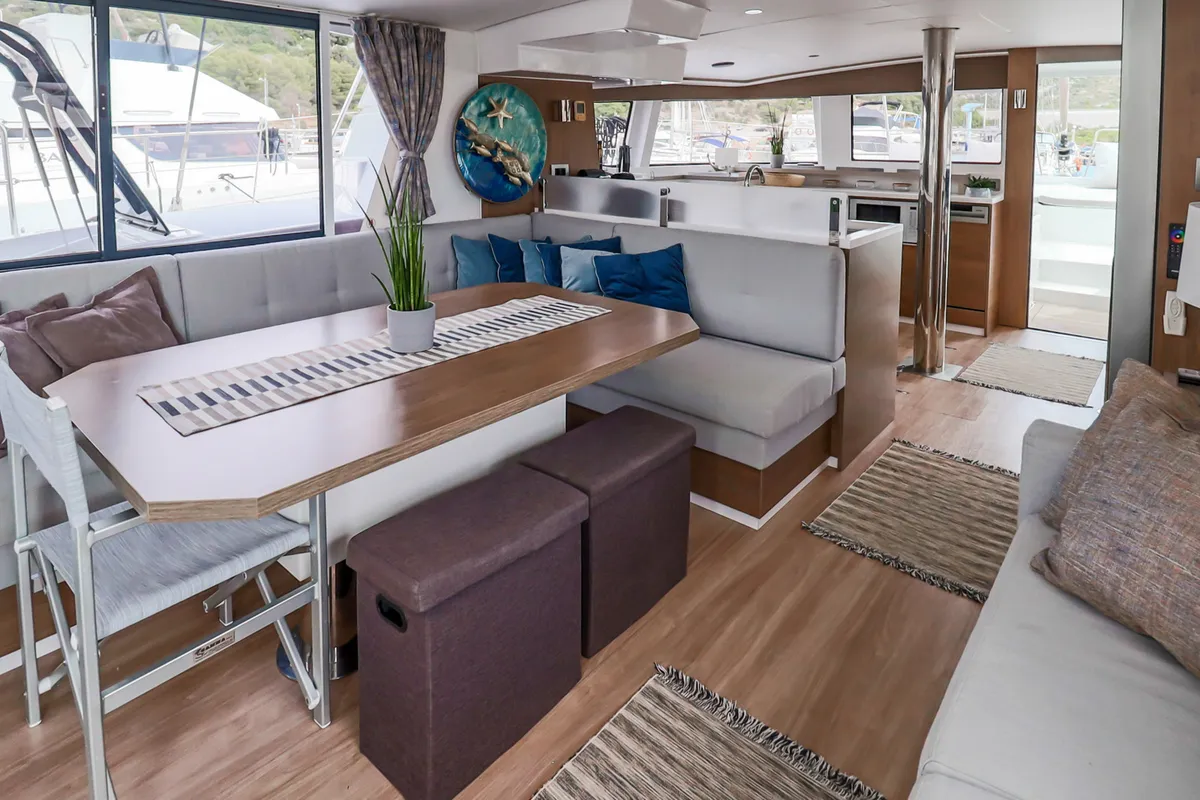 Galley of Cyprinus, a Bali 4.6 catamaran at Primošten, Croatia