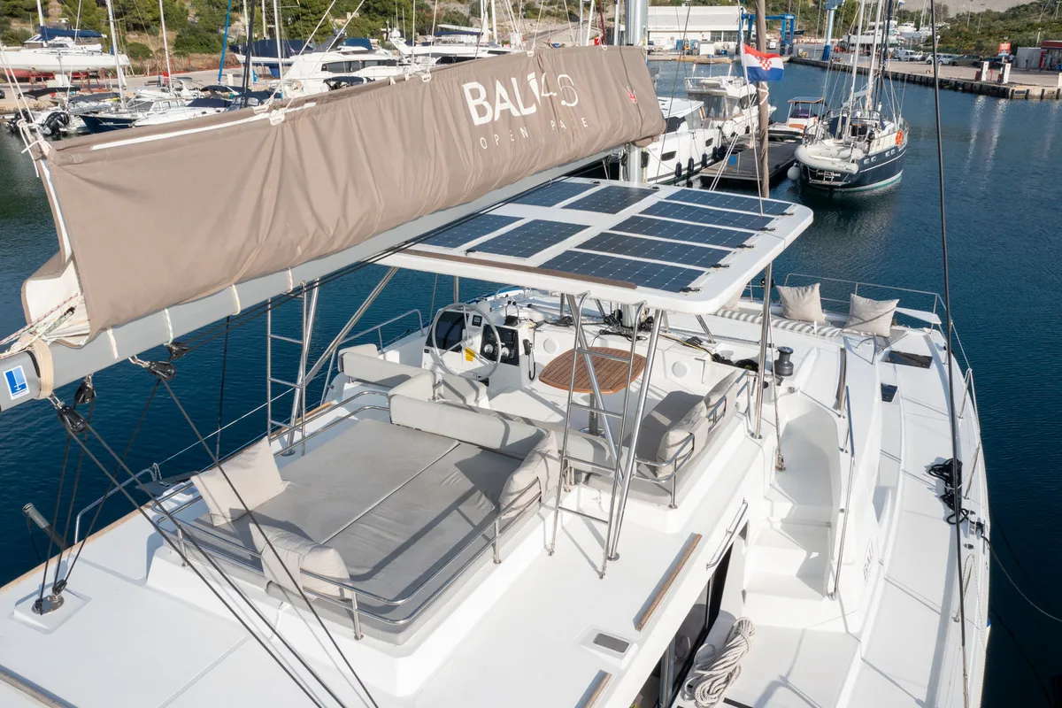 Deck of Cyprinus, a Bali 4.6 catamaran at Primošten, Croatia