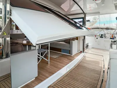 Salon of Cyprinus, a Bali 4.6 catamaran at Primošten, Croatia