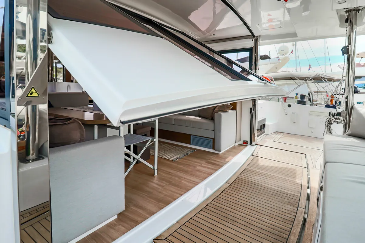 Salon of Cyprinus, a Bali 4.6 catamaran at Primošten, Croatia
