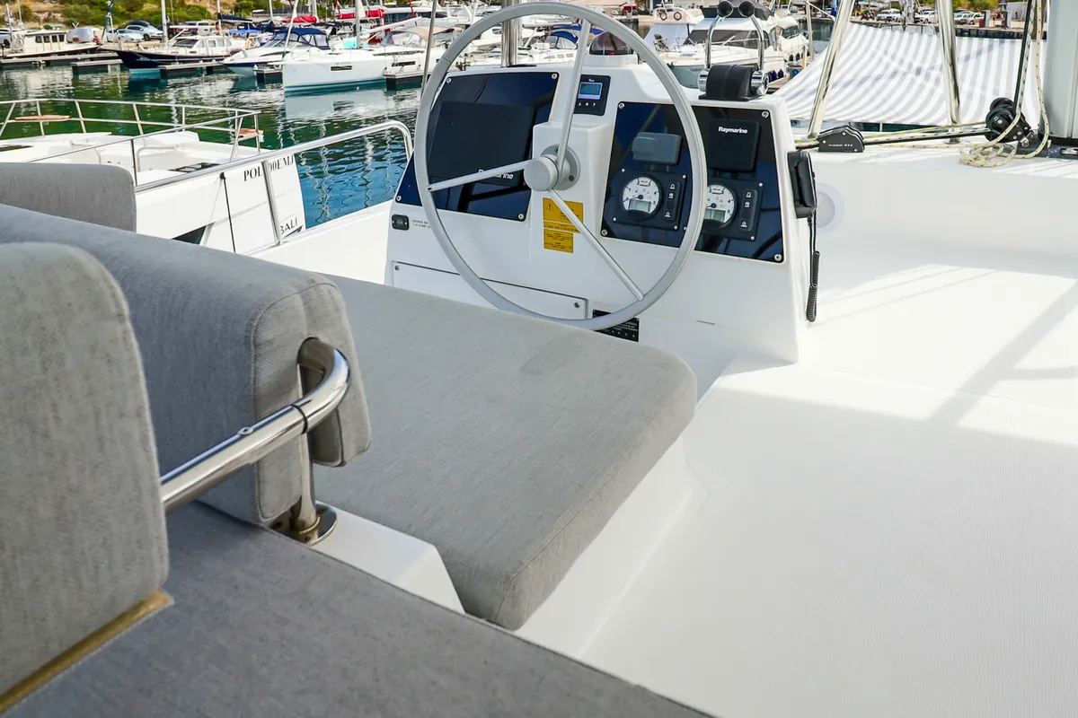 Deck of Cyprinus, a Bali 4.6 catamaran at Primošten, Croatia