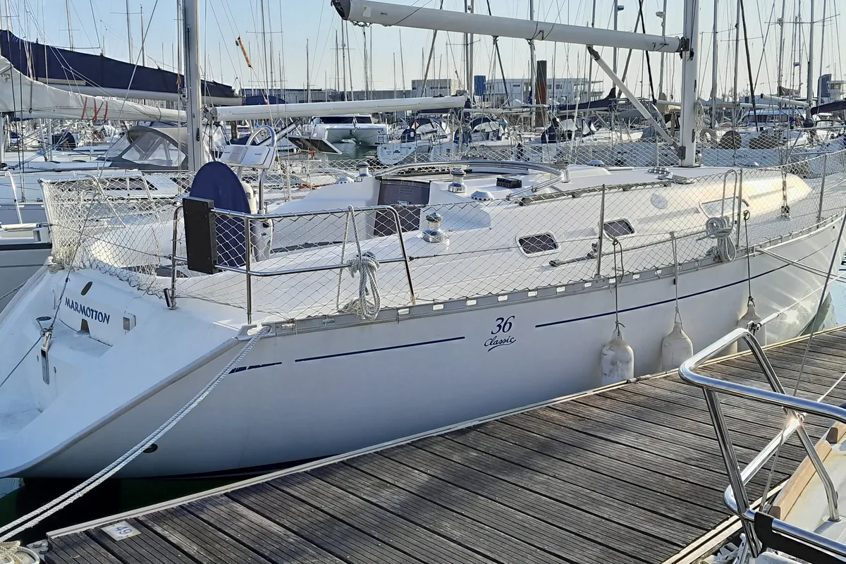 Exterior view of Marmotton, a Dufour 36 Classic sailboat at La Rochelle, France