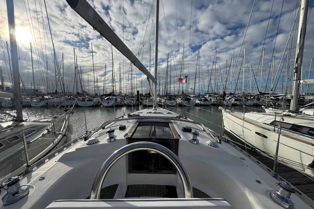 Deck of Marmotton, a Dufour 36 Classic sailboat at La Rochelle, France