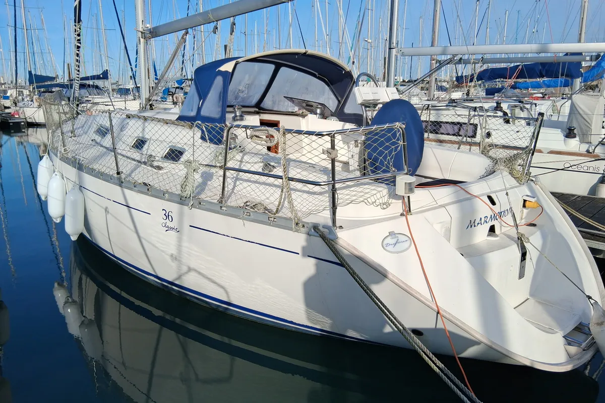 Exterior view of Marmotton, a Dufour 36 Classic sailboat at La Rochelle, France