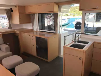 Galley of Dugongo, a Lagoon 450 Fly catamaran at Olbia, Italy
