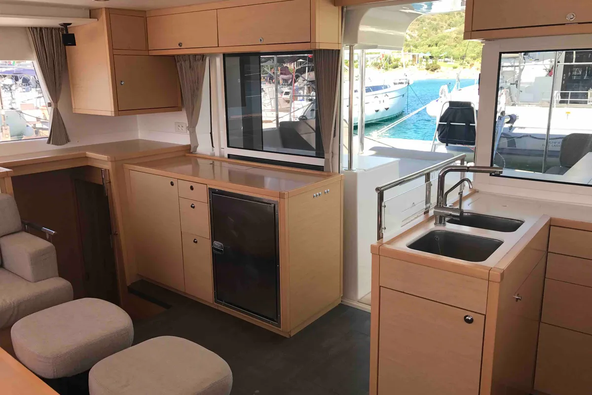 Galley of Dugongo, a Lagoon 450 Fly catamaran at Olbia, Italy