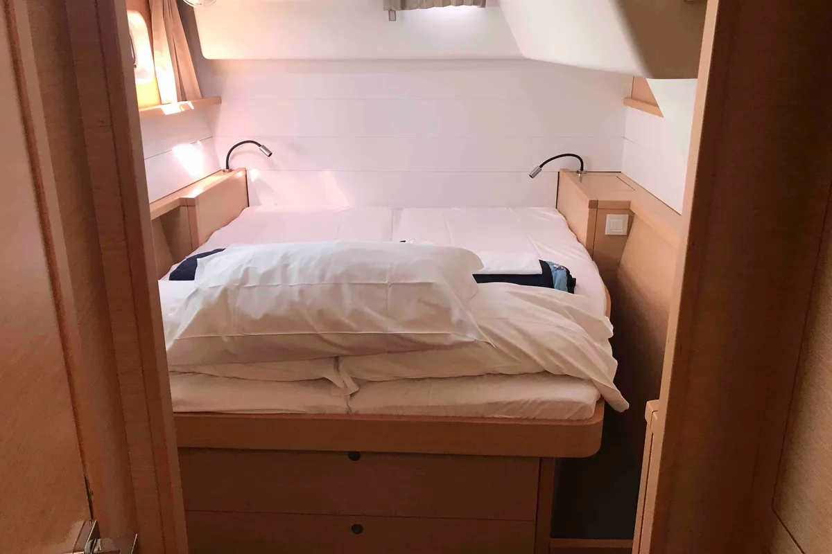 Cabin on Dugongo, a Lagoon 450 Fly catamaran at Olbia, Italy