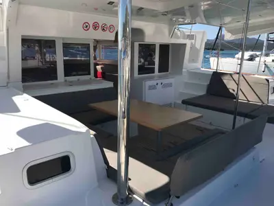 Deck of Dugongo, a Lagoon 450 Fly catamaran at Olbia, Italy